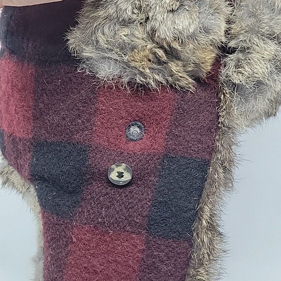 Mad Bomber Buffalo Plaid Red Black Wool Blend Trapper Hat Rabbit Fur Trim L - Picture 6 of 9